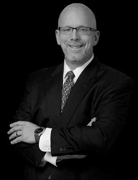 Intellectual property attorney, Steven Miller, from head to waist grayscale photo